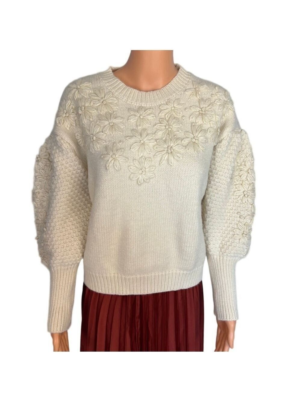 Chicwish Sweater Cream Thick Knit Floral Embroidery Women's S/M Oversized